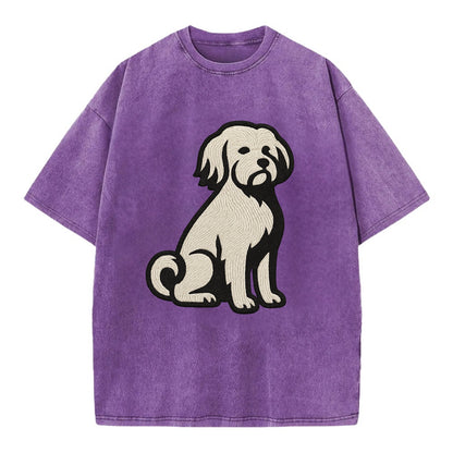 Löwchen - Little Lion Dog white embroide - Vintage T-shirt - Purple