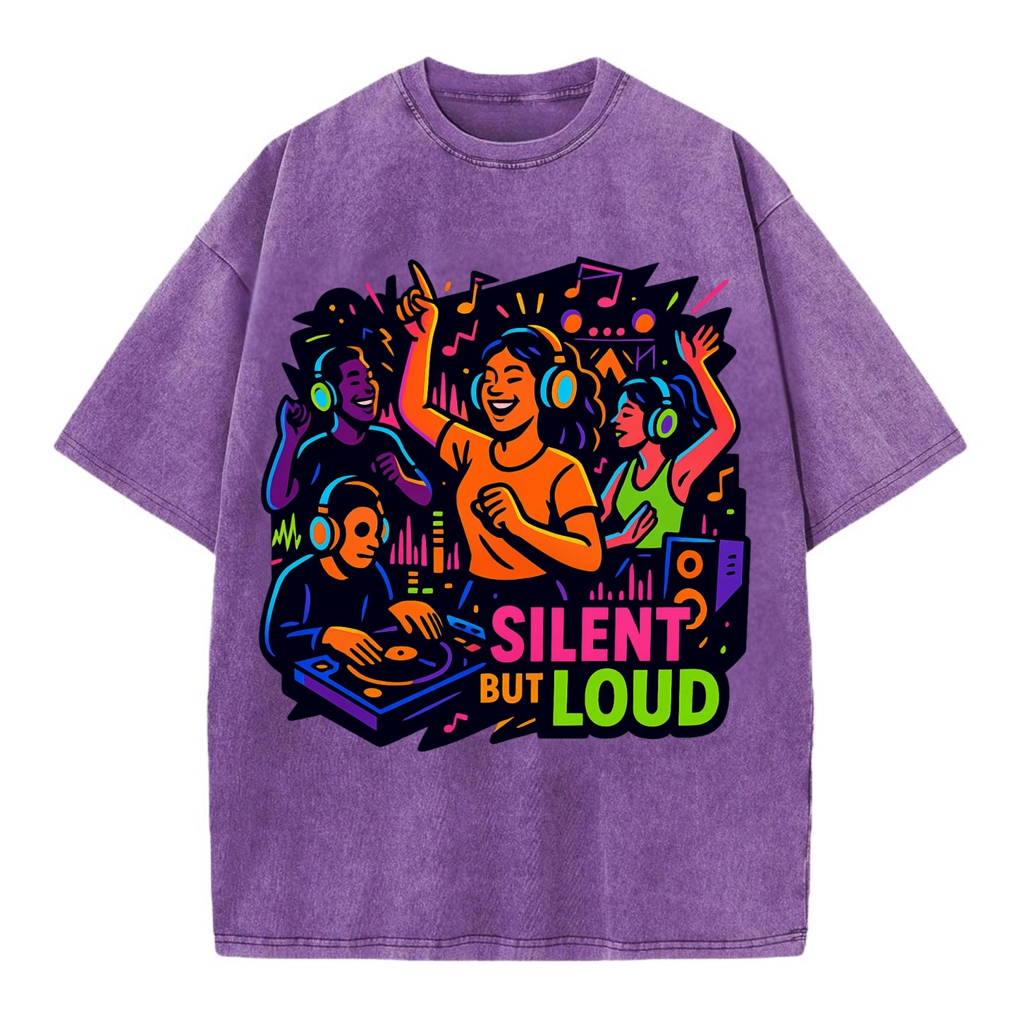 Silent disco dancers with glowing headphones - "Silent But Loud" - unique concert - Vintage T-shirt - Purple