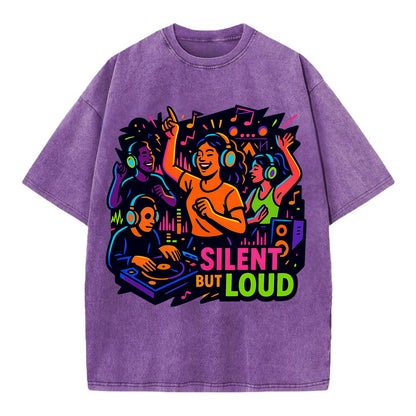 Silent disco dancers with glowing headphones - "Silent But Loud" - unique concert - Vintage T-shirt - Purple