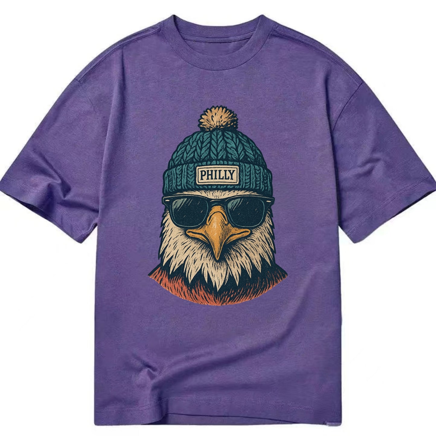 Philadelphia Eagle wearing Philly beanie with pom pom and wayfarer sunglasses - Classic T-shirt - Purple