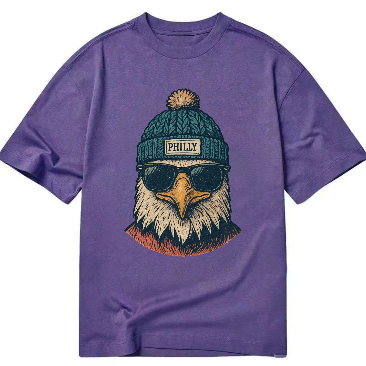 Philadelphia Eagle wearing Philly beanie with pom pom and wayfarer sunglasses - Classic T-shirt - Purple