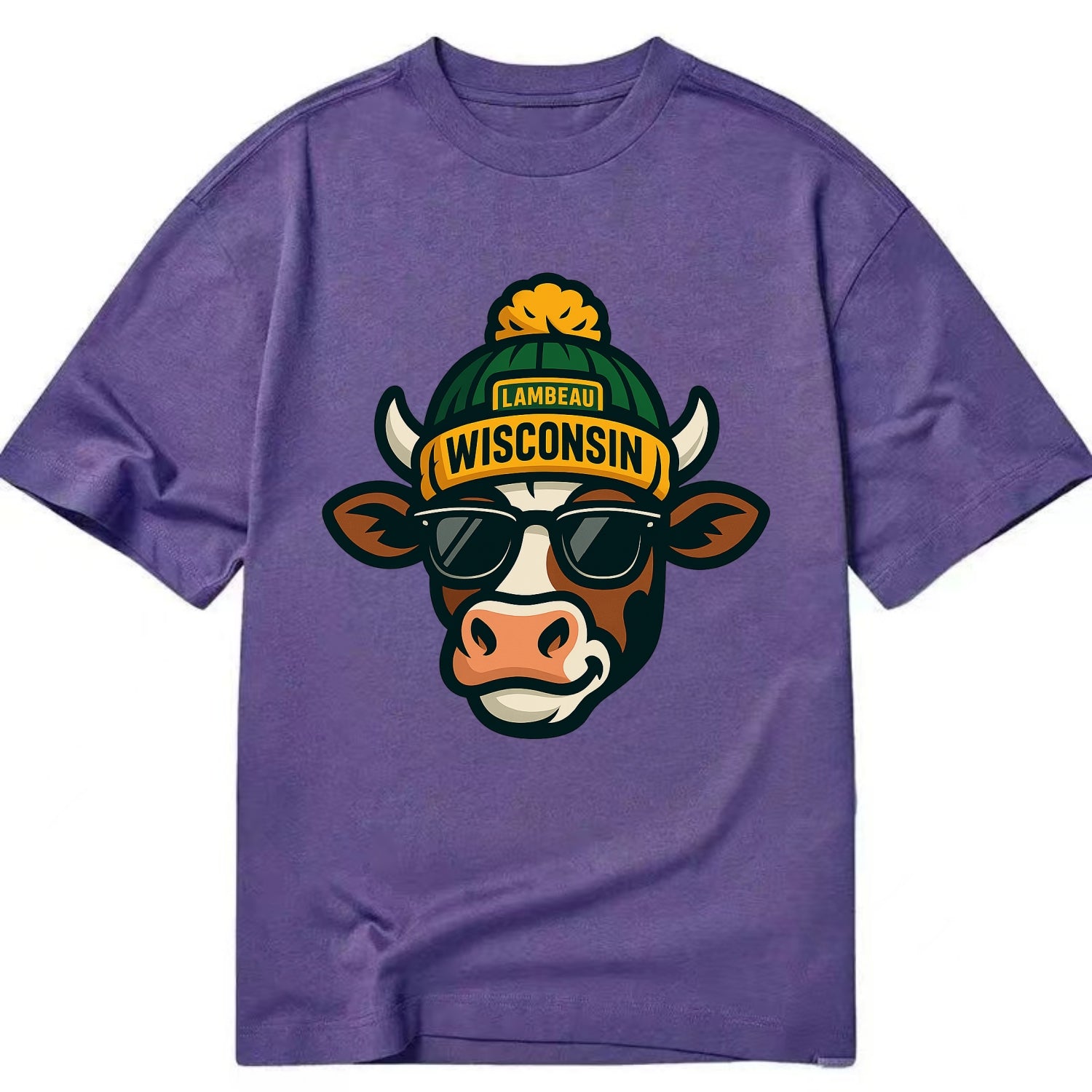 Wisconsin Cow wearing Packers beanie with Lambeau patch and wayfarer sunglasses - Classic T-shirt - Purple