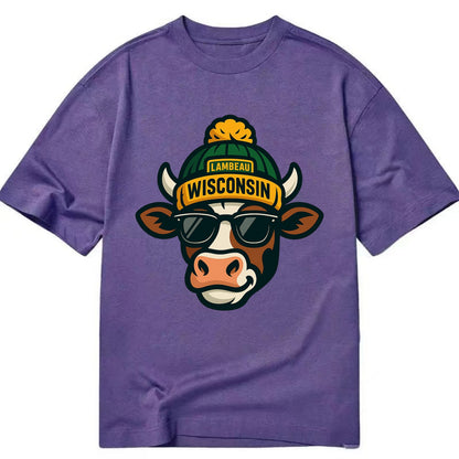Wisconsin Cow wearing Packers beanie with Lambeau patch and wayfarer sunglasses - Classic T-shirt - Purple