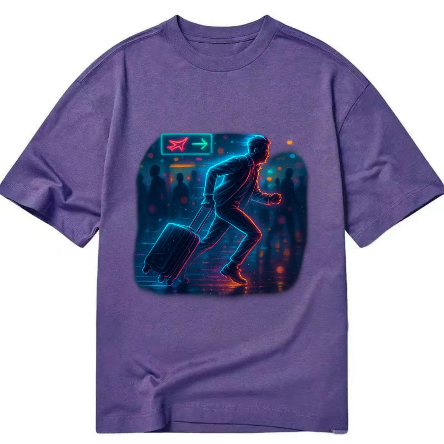 person running with luggage through crowded airport terminal - Classic T-shirt - Purple