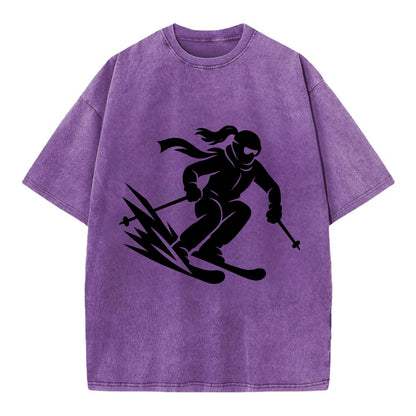 Skier carving down snowy slope - Vintage T-shirt - Purple