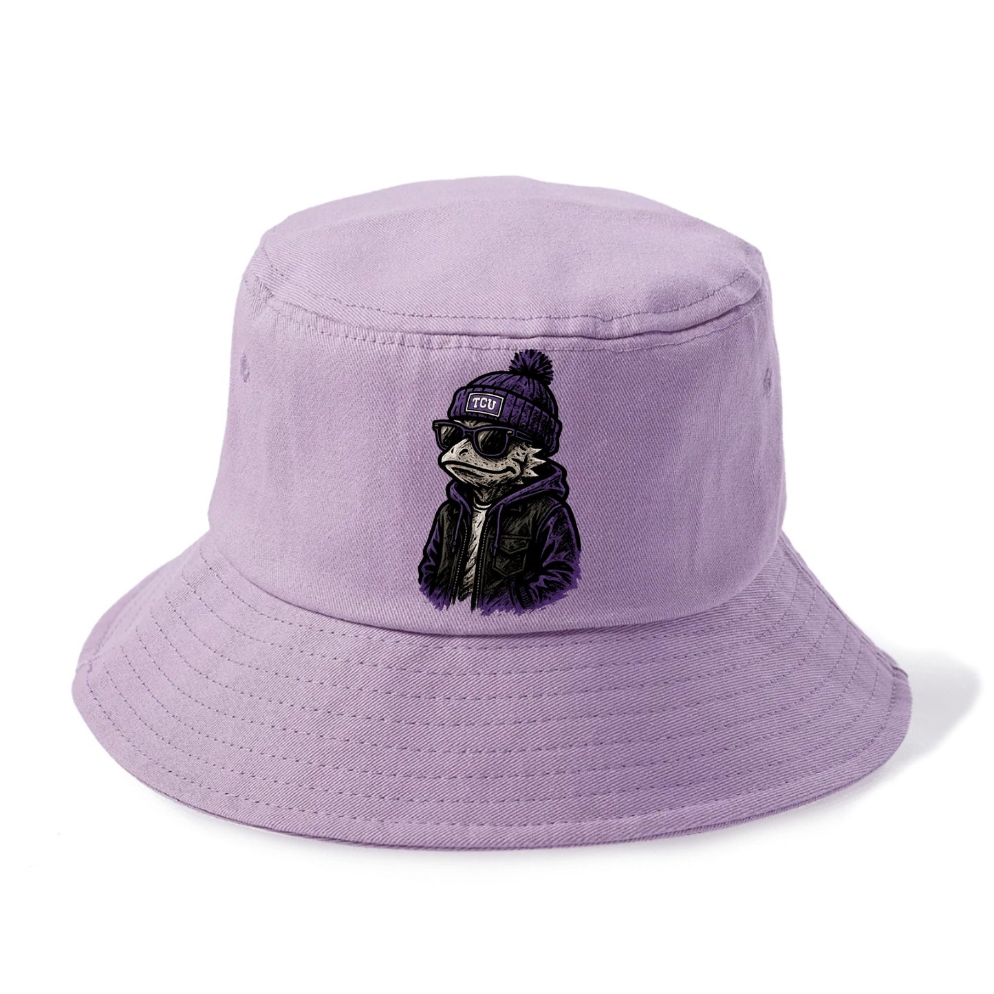 Fort Worth Frog wearing TCU beanie with horned patch - Bucket Hat - Purple
