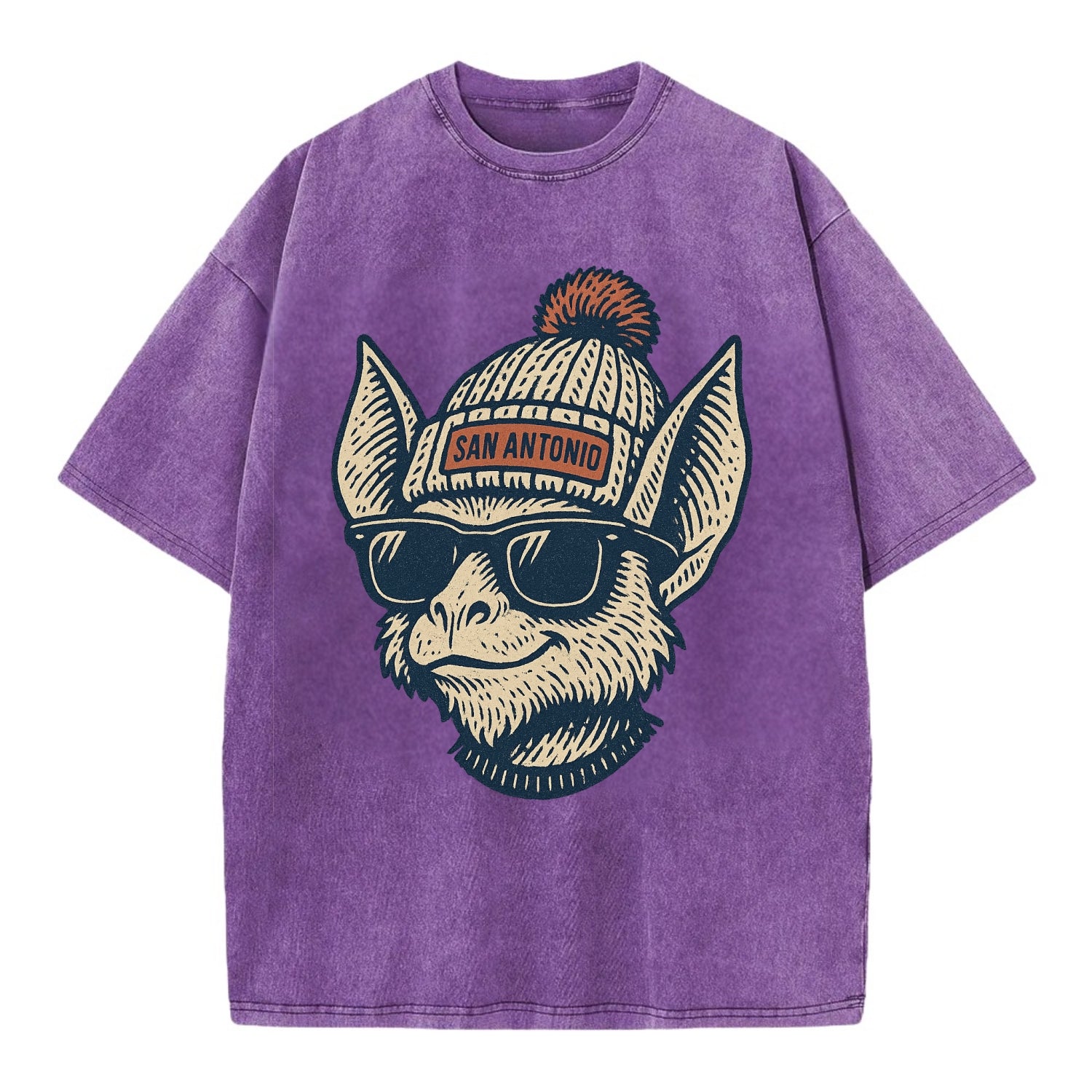 San Antonio Bat wearing San Antonio beanie with pom pom and wayfarer sunglasses - Vintage T-shirt - Purple