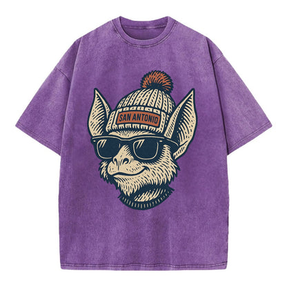 San Antonio Bat wearing San Antonio beanie with pom pom and wayfarer sunglasses - Vintage T-shirt - Purple