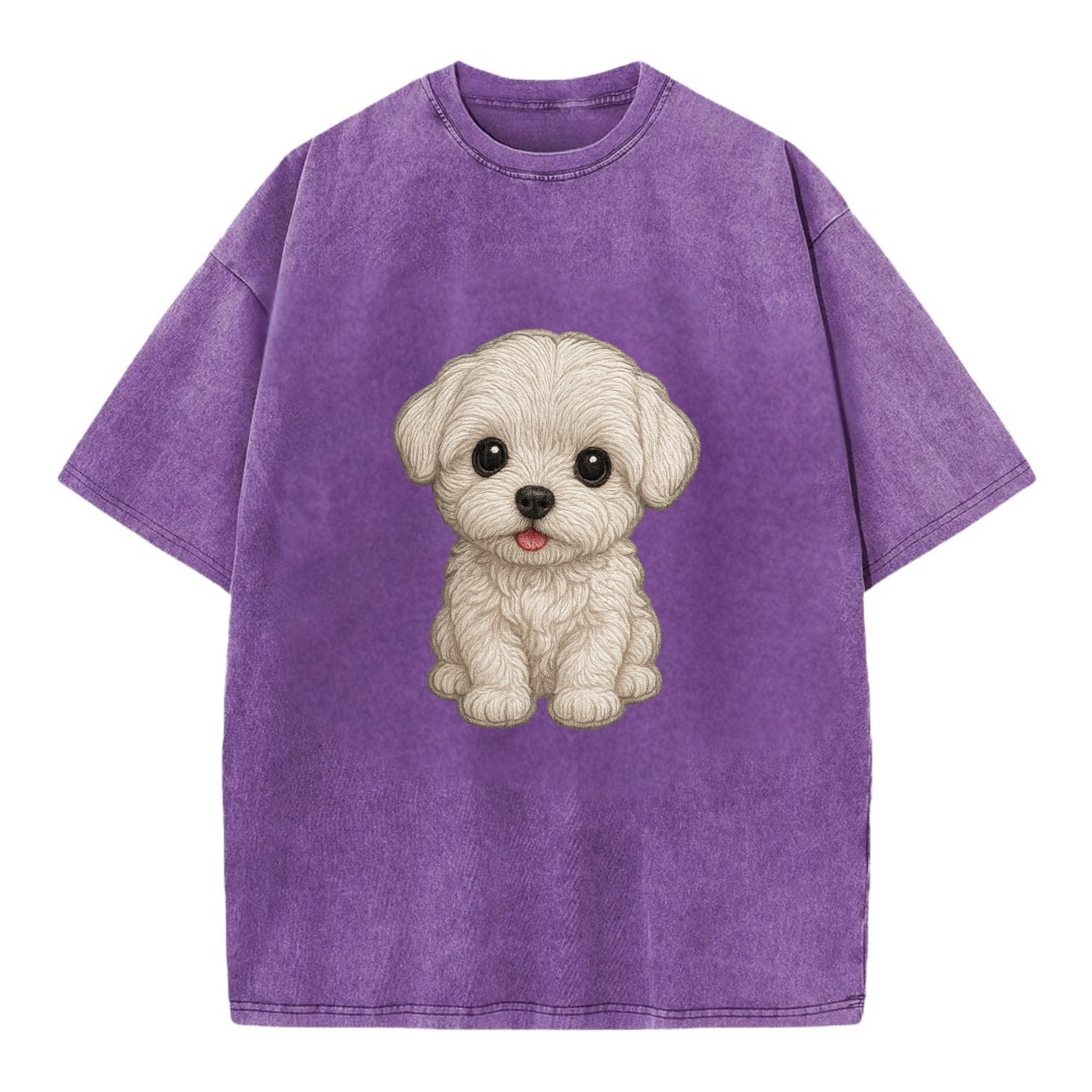 Baby Maltese Puppy - pure white silky coat, black button eyes, tiny nose, - Vintage T-shirt - Purple