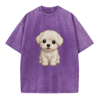 Baby Maltese Puppy - pure white silky coat, black button eyes, tiny nose, - Vintage T-shirt - Purple