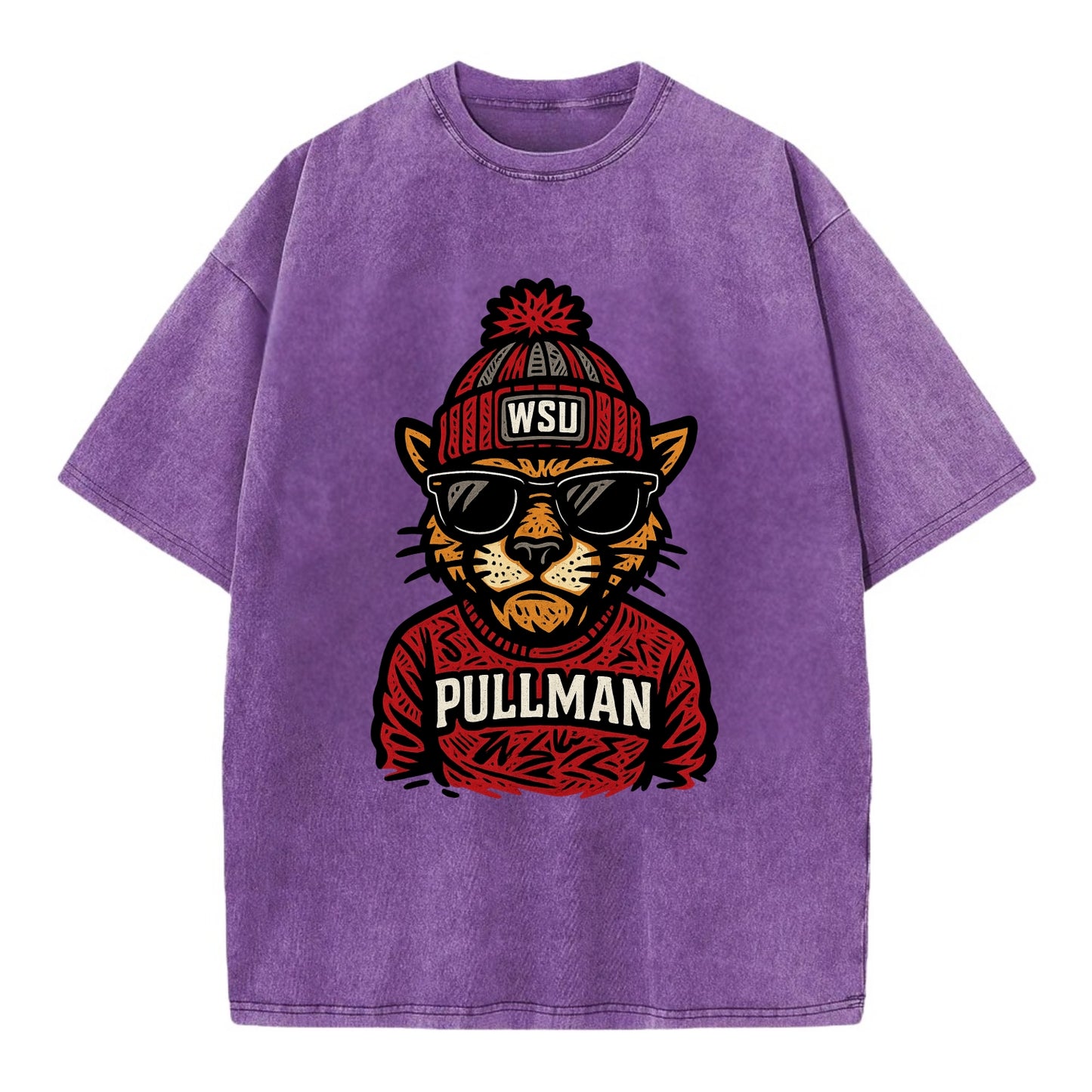 Pullman Cougar wearing Washington State beanie with WSU patch - Vintage T-shirt - Purple