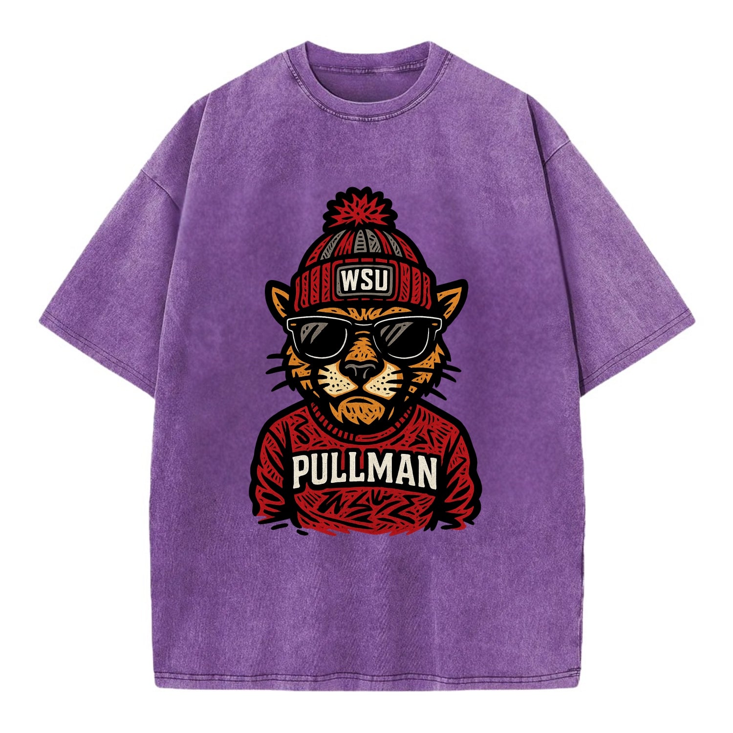 Pullman Cougar wearing Washington State beanie with WSU patch - Vintage T-shirt - Purple