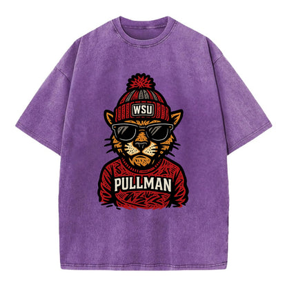 Pullman Cougar wearing Washington State beanie with WSU patch - Vintage T-shirt - Purple