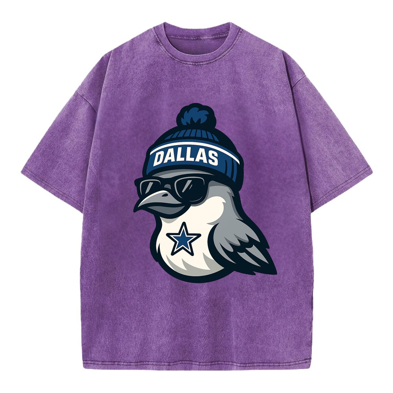 Dallas Mockingbird wearing Cowboys beanie with sheriff star and wayfarer - Vintage T-shirt - Purple