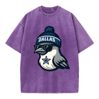 Dallas Mockingbird wearing Cowboys beanie with sheriff star and wayfarer - Vintage T-shirt - Purple