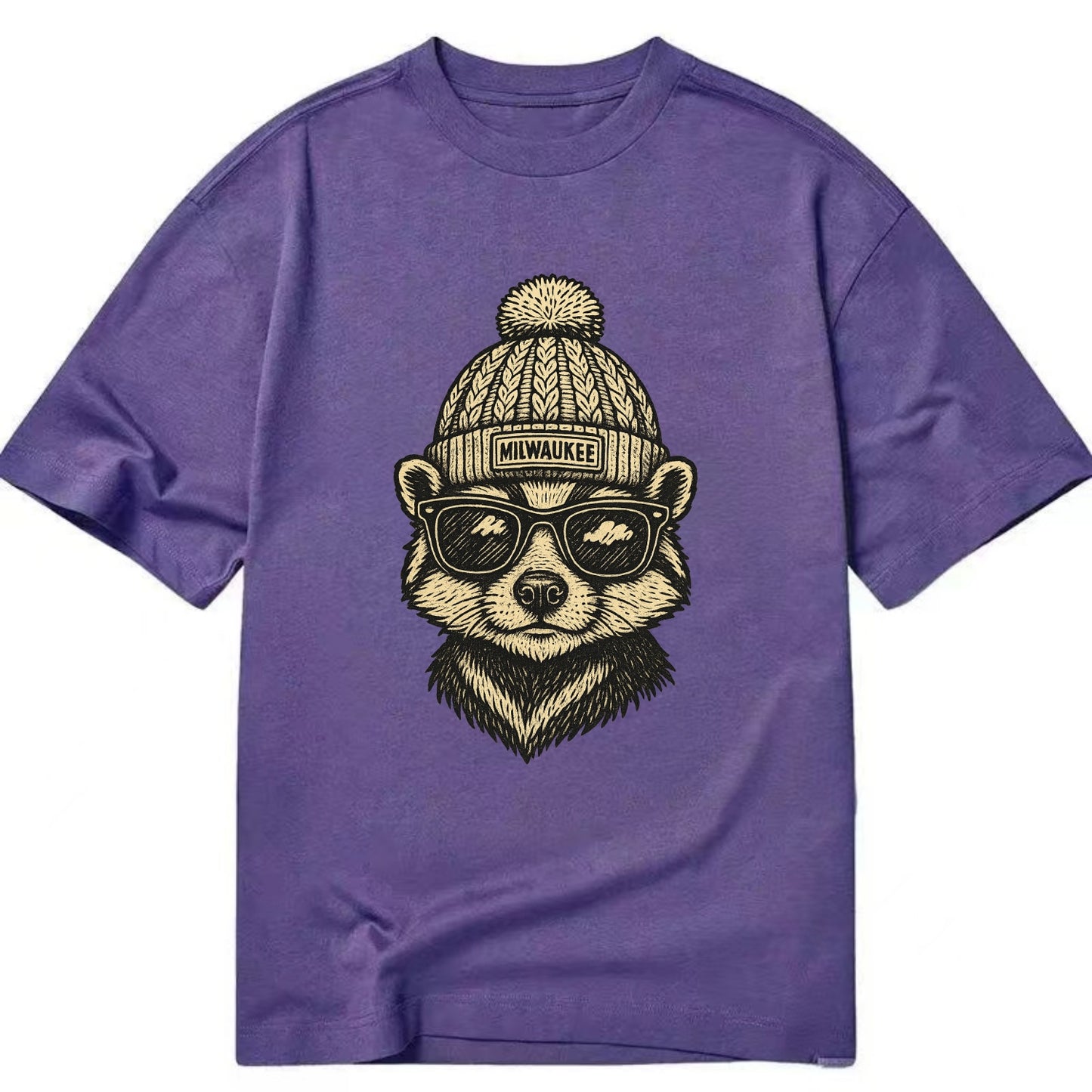 Wisconsin Badger wearing Milwaukee beanie with pom pom and wayfarer sunglasses - Classic T-shirt - Purple