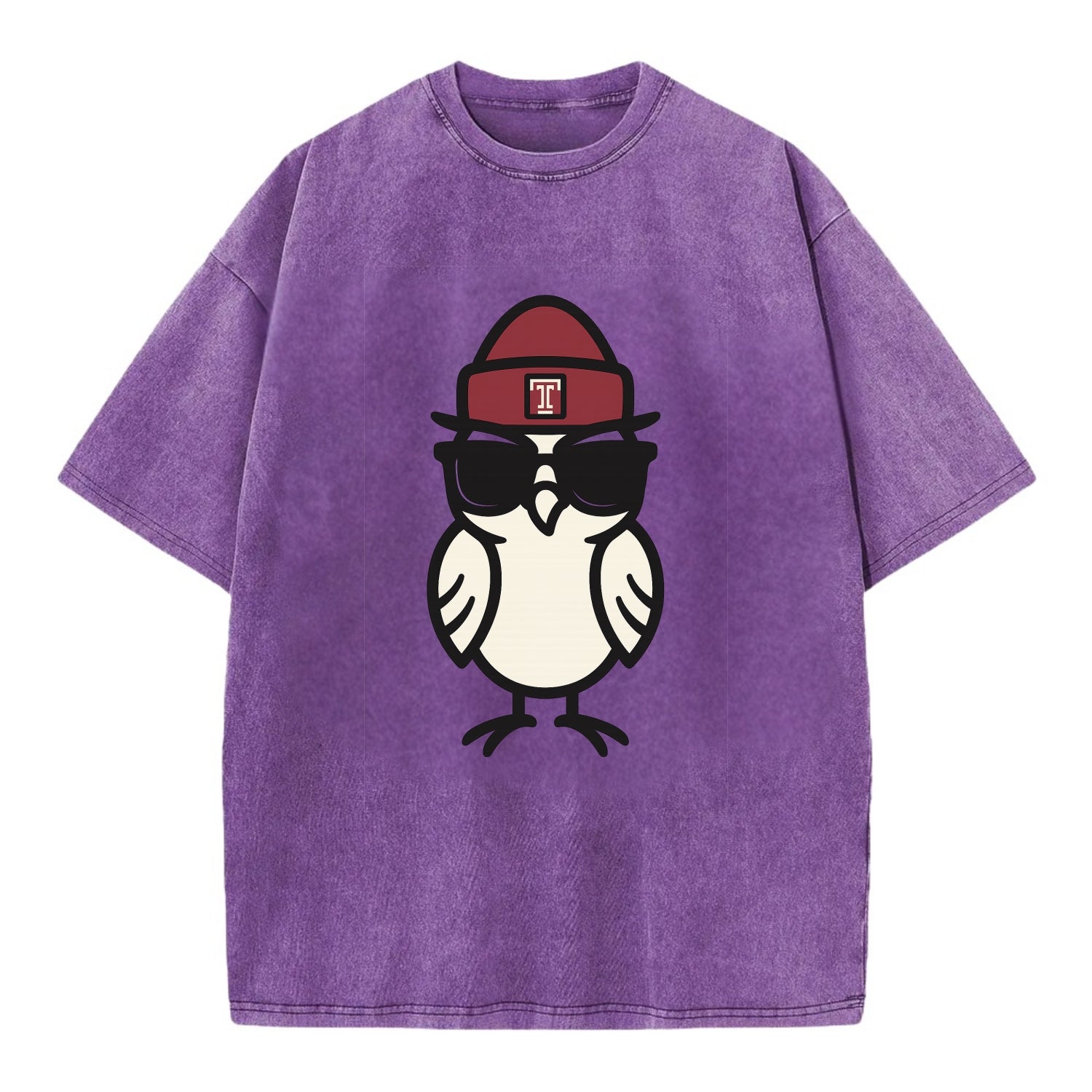 Philadelphia Owl wearing Temple beanie with T patch - Vintage T-shirt - Purple
