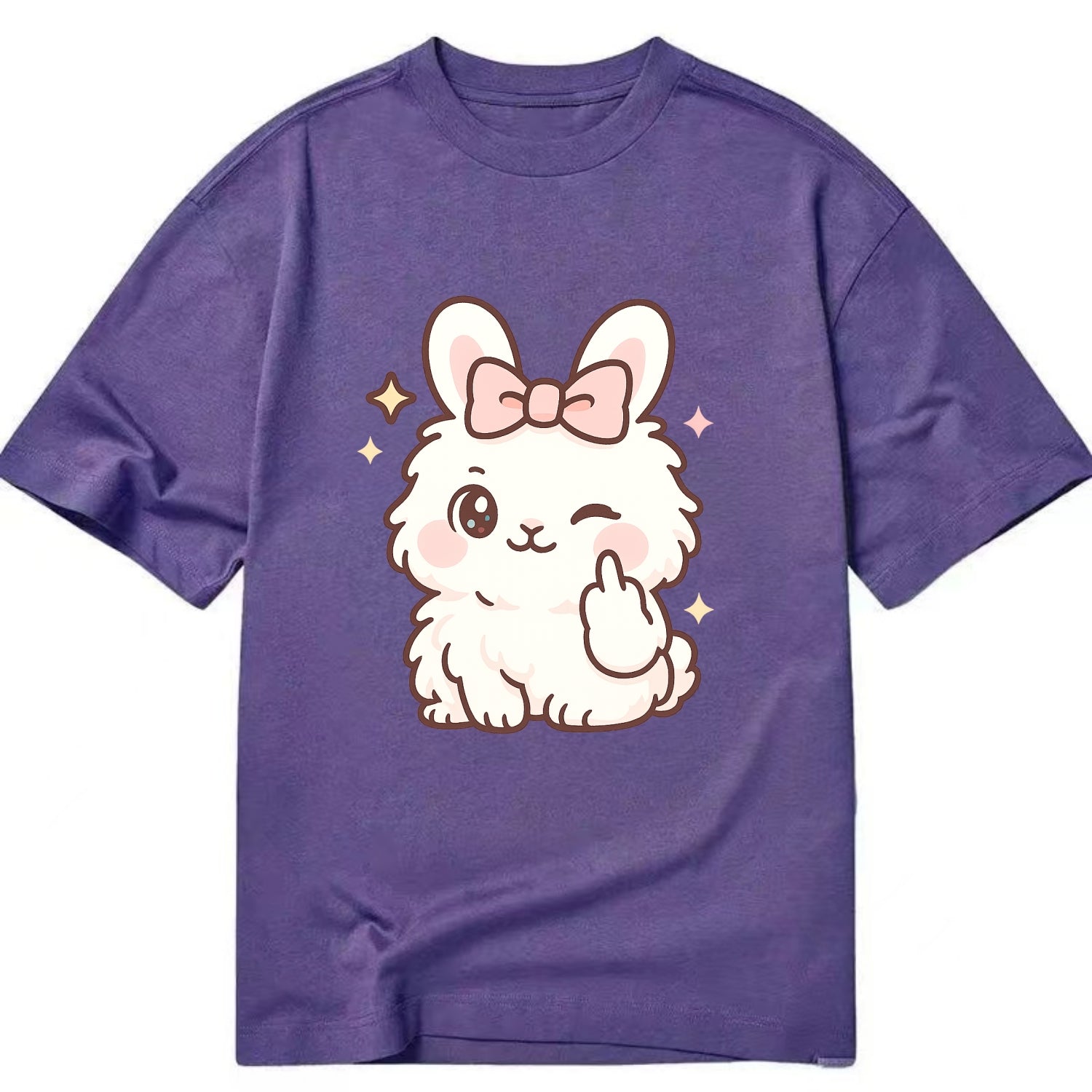 fluffy white angora rabbit with pink bow, one paw delicately flipping off - Classic T-shirt - Purple