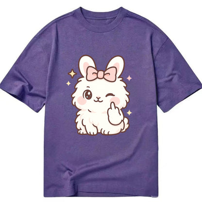fluffy white angora rabbit with pink bow, one paw delicately flipping off - Classic T-shirt - Purple