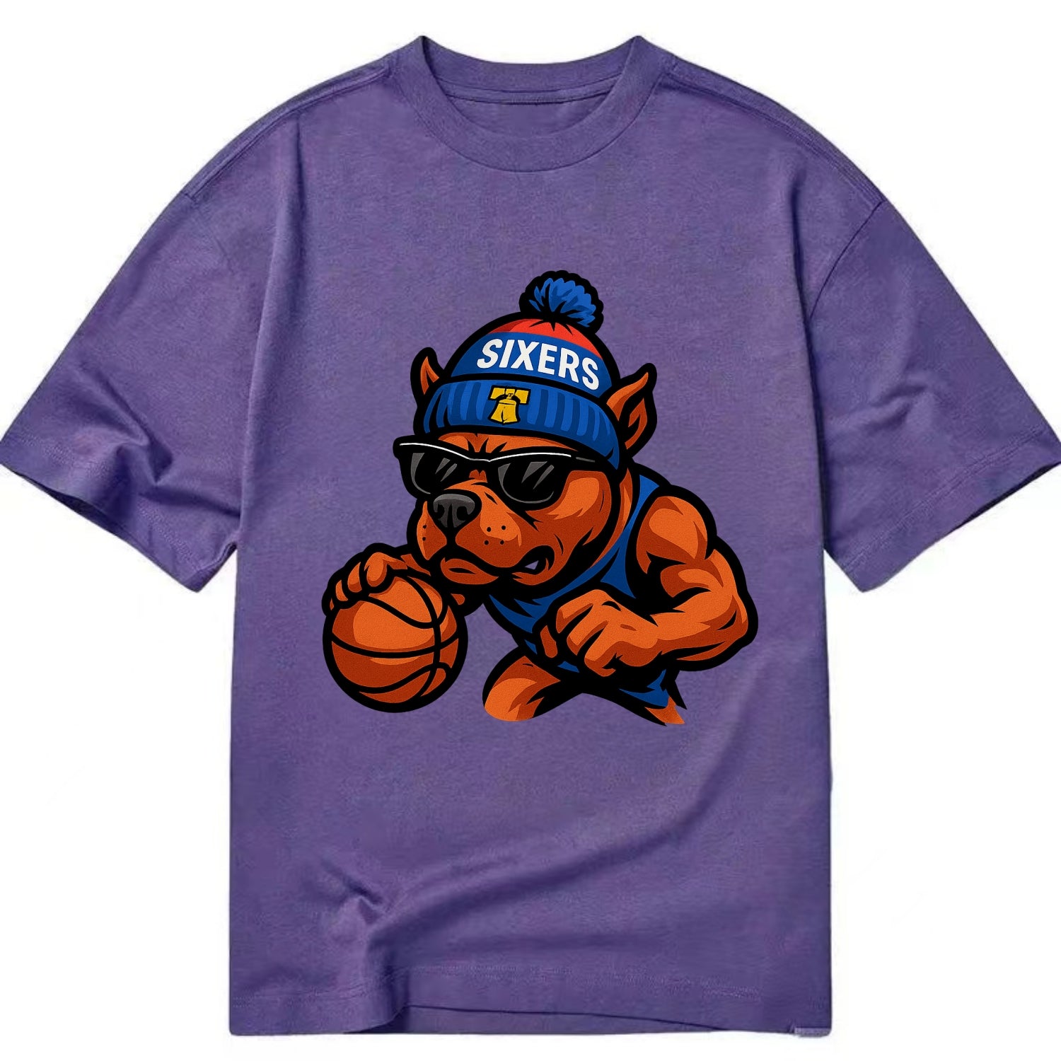 Philly Pitbull wearing Sixers beanie with Liberty Bell and wayfarer sunglasses - Classic T-shirt - Purple