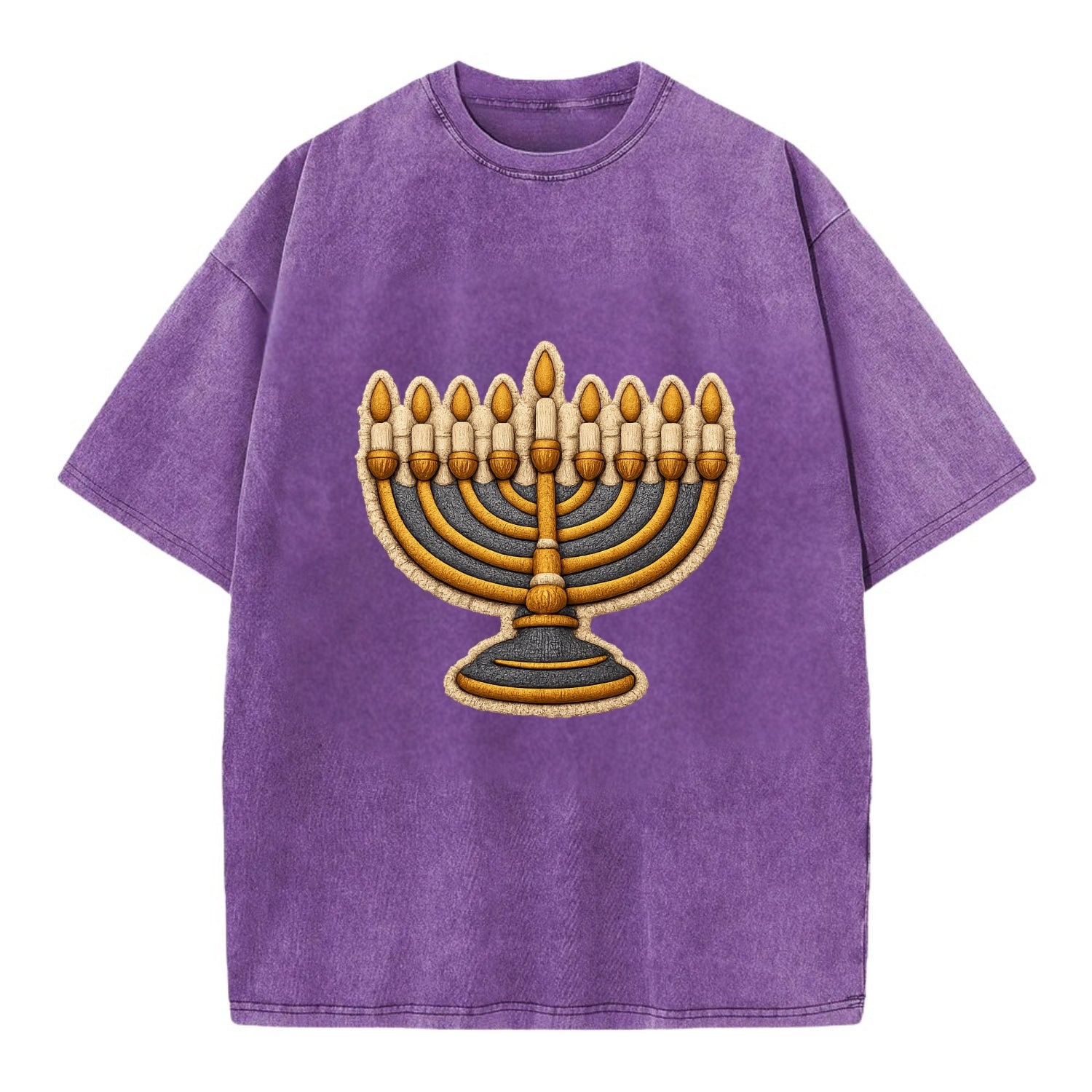 MENORAH LIGHTS - nine branch candelabra in gold and blue , Hanukkah - Vintage T-shirt - Purple