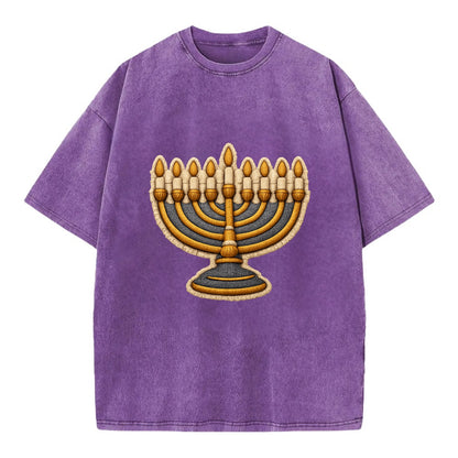 MENORAH LIGHTS - nine branch candelabra in gold and blue , Hanukkah - Vintage T-shirt - Purple