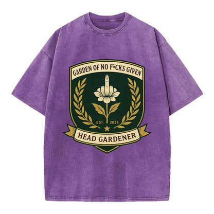 Shield with middle finger flower - "Garden of No F*cks Given - Head Gardener" - - Vintage T-shirt - Purple