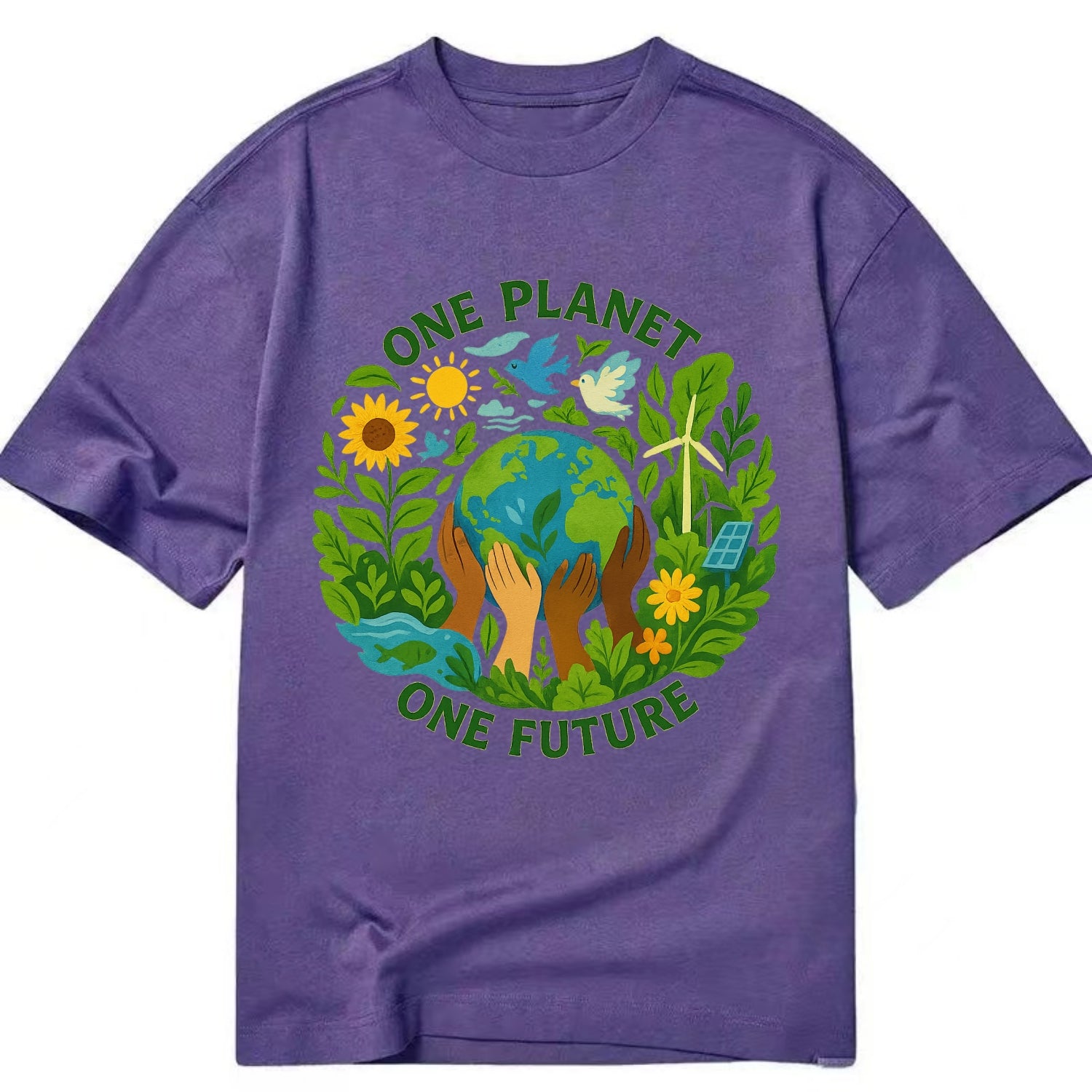 Globe surrounded by hands of all colors working together - "One Planet, One - Classic T-shirt - Purple