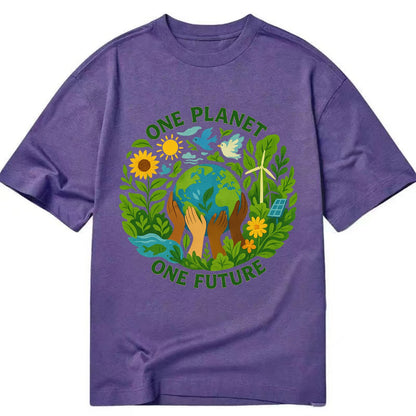 Globe surrounded by hands of all colors working together - "One Planet, One - Classic T-shirt - Purple