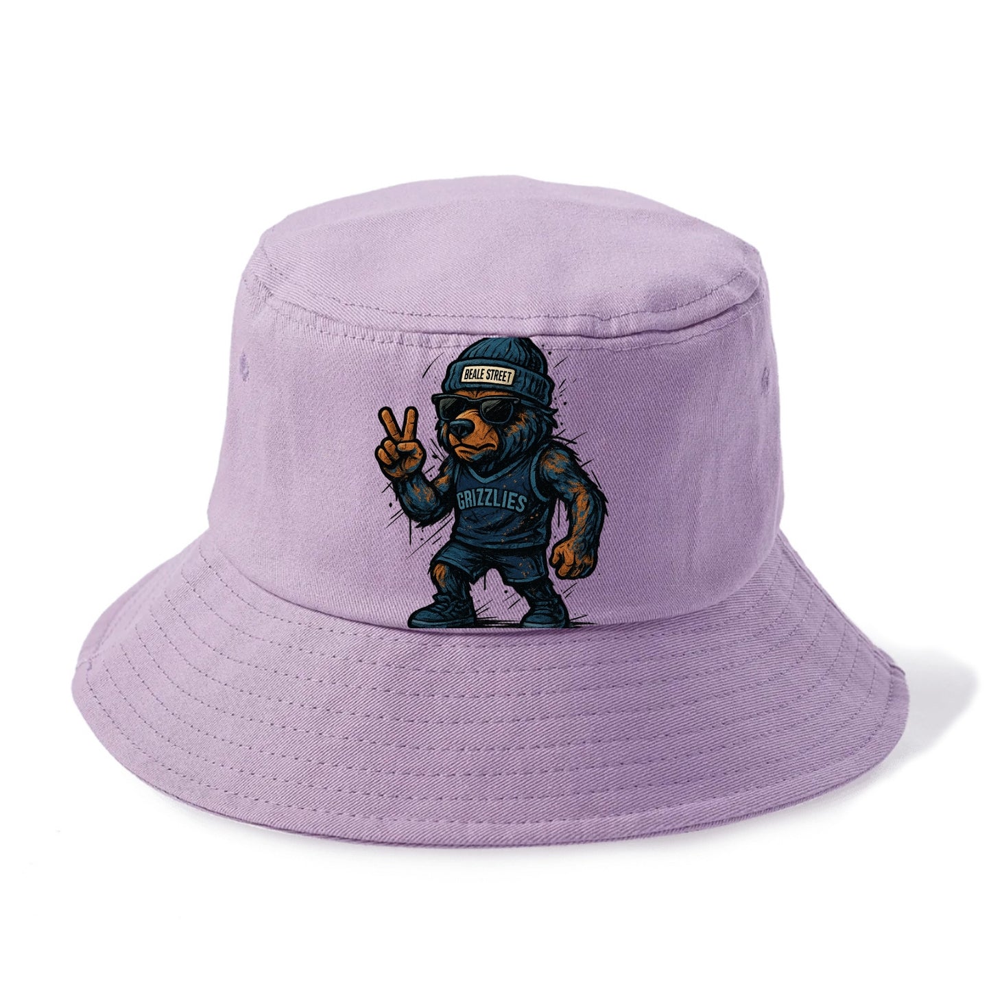 Memphis Grizzly Bear wearing Grizzlies navy and light blue beanie with Beale Street - Bucket Hat - Purple