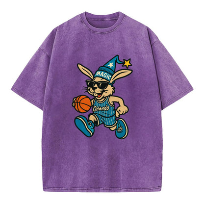Orlando Rabbit wearing Magic blue and silver beanie with wizard hat and wayfarer - Vintage T-shirt - Purple