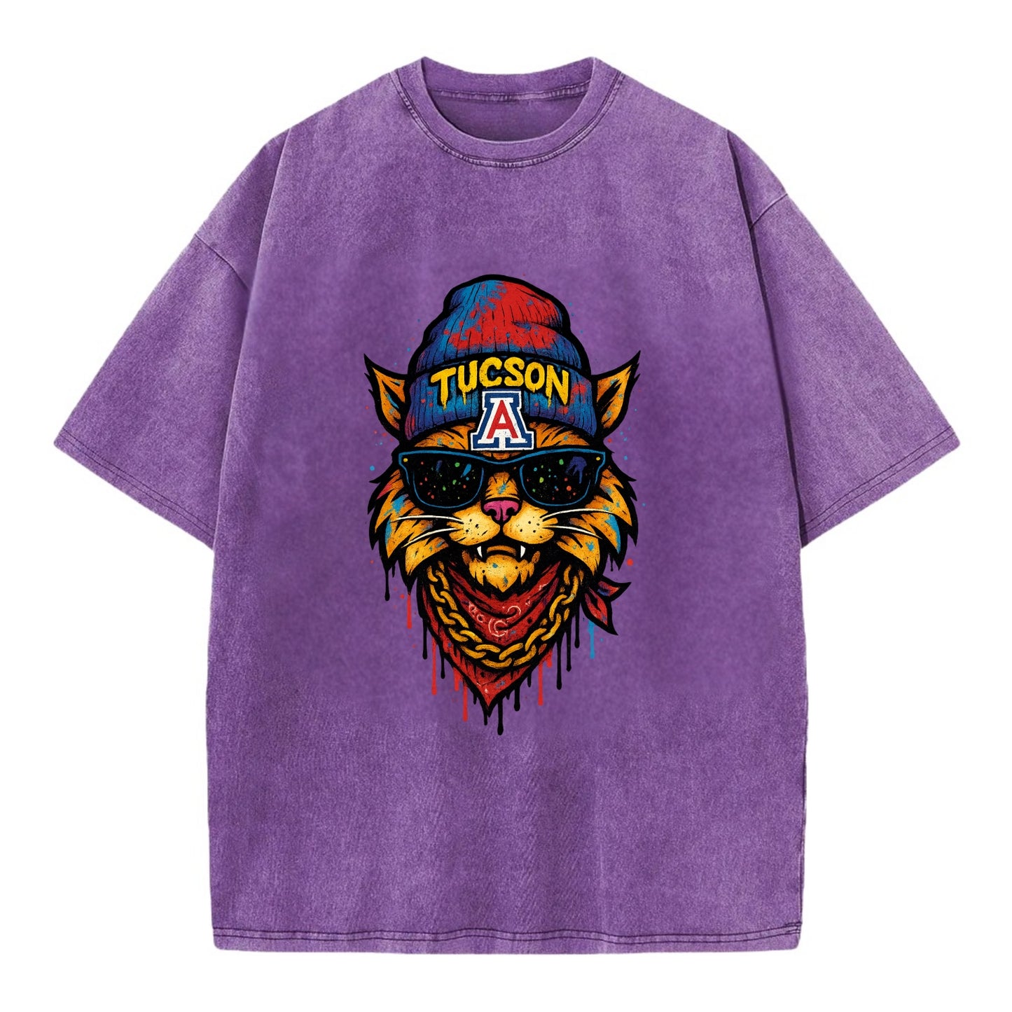 Tucson Wildcat wearing Arizona beanie with A patch - Vintage T-shirt - Purple