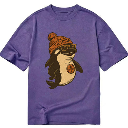 Victoria Orca wearing Victoria beanie with pom pom and wayfarer sunglasses - Classic T-shirt - Purple