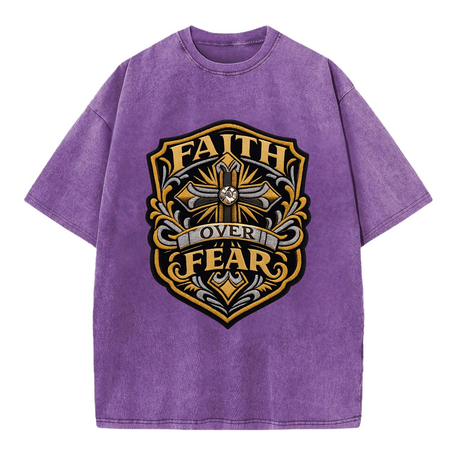 FAITH OVER FEAR - cross with text in gold , spiritual strength - Vintage T-shirt - Purple