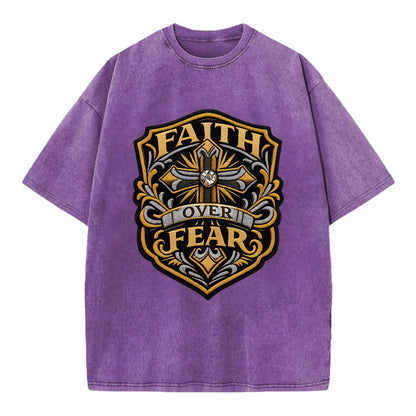 FAITH OVER FEAR - cross with text in gold , spiritual strength - Vintage T-shirt - Purple