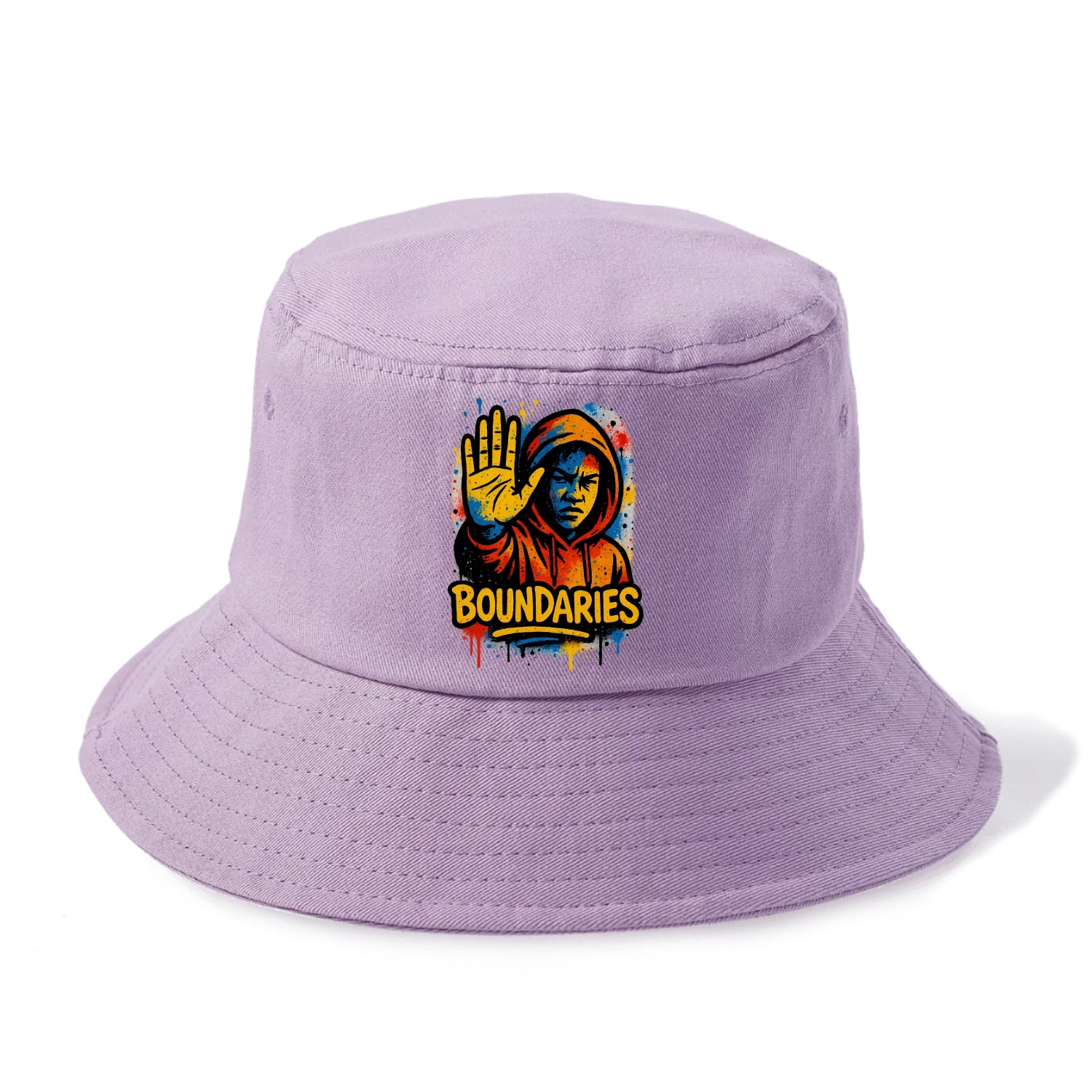 Person holding up hand in "stop" gesture - setting boundaries concept, self-protection - Bucket Hat - Purple