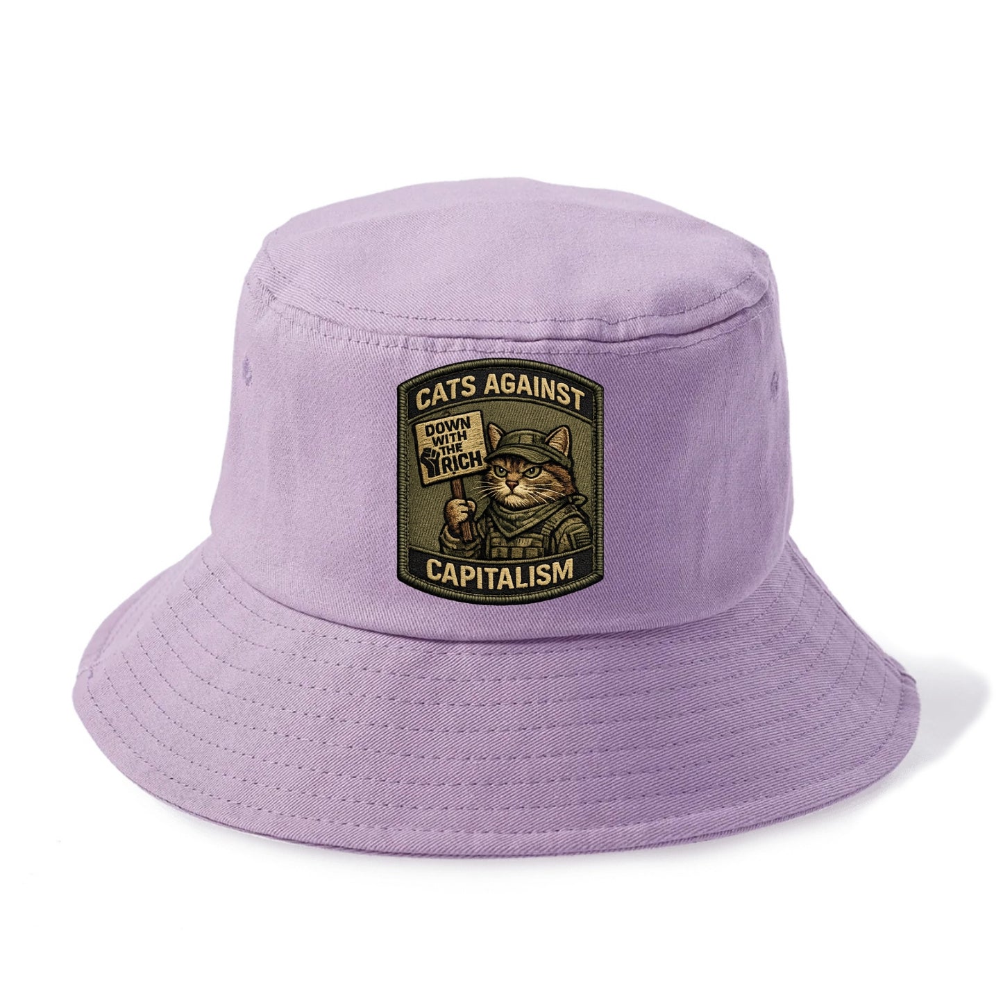 CATS AGAINST CAPITALISM - cat with protest sign in red , political cat - Bucket Hat - Purple