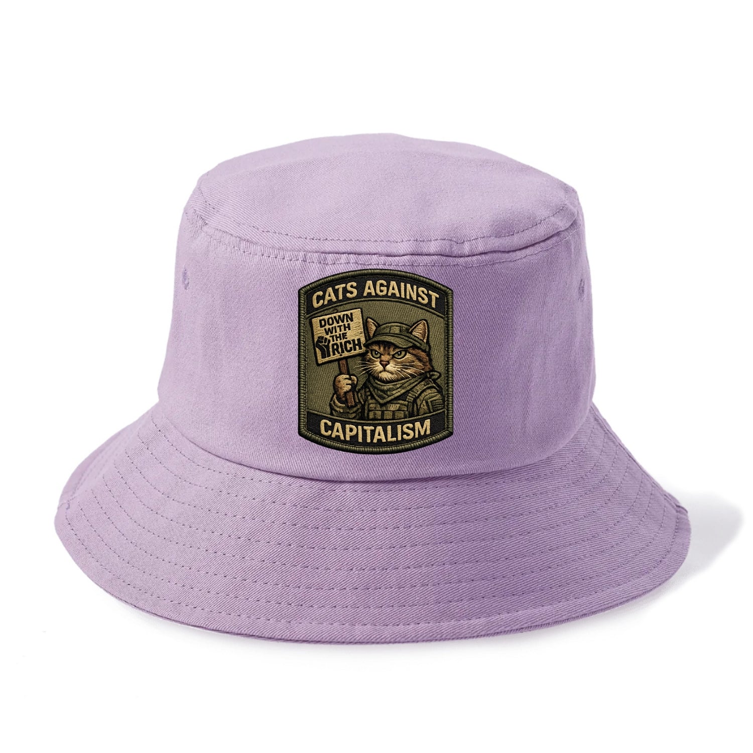 CATS AGAINST CAPITALISM - cat with protest sign in red , political cat - Bucket Hat - Purple