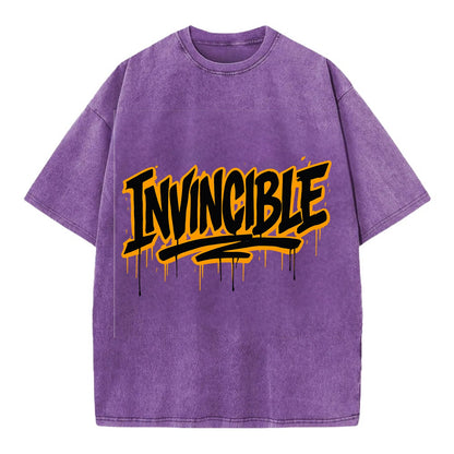 Bold typography design - "INVINCIBLE" - cannot be defeated, unconquerable - Vintage T-shirt - Purple
