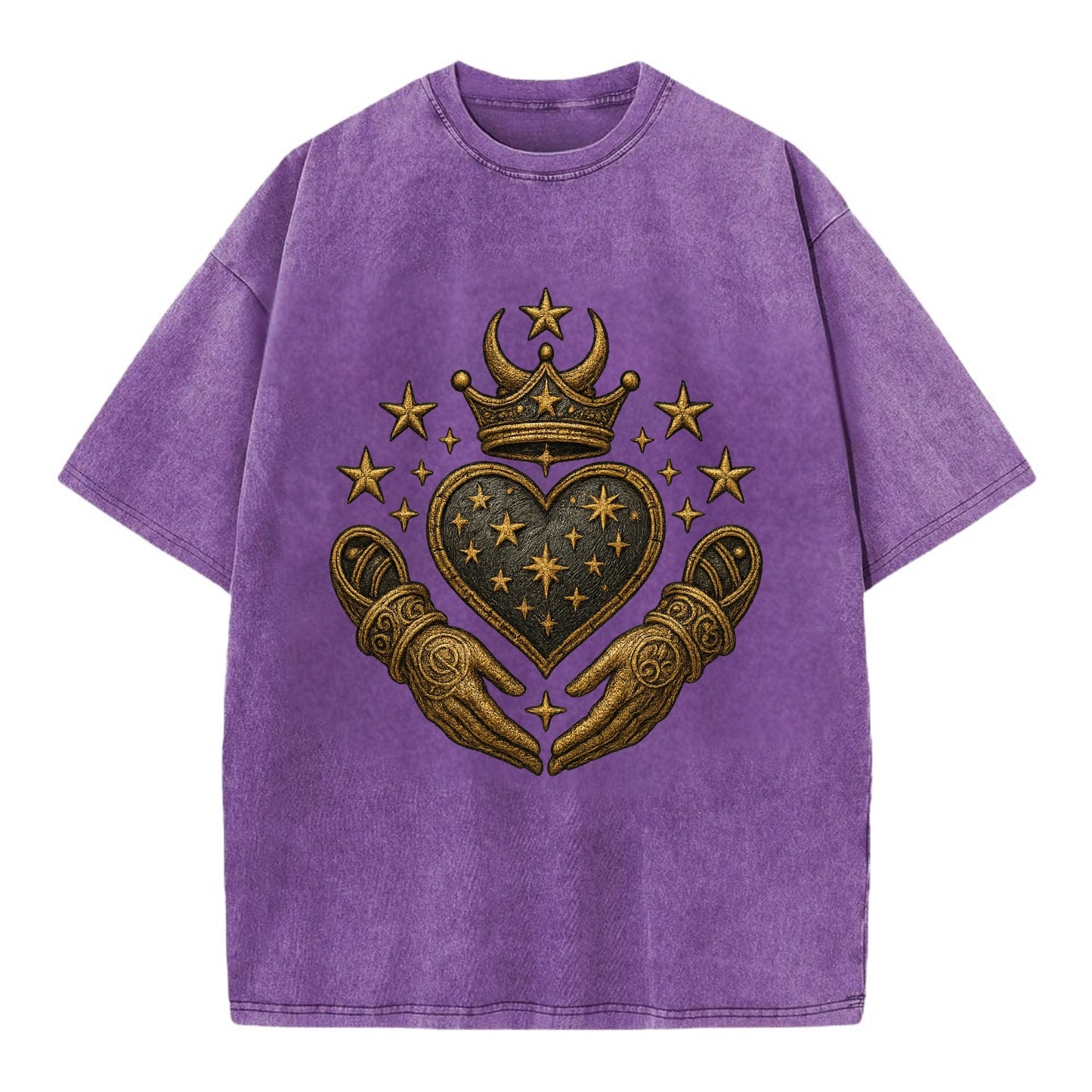Weathered antique brass crown above a hammered gunmetal heart framed by ivy-woven - Vintage T-shirt - Purple