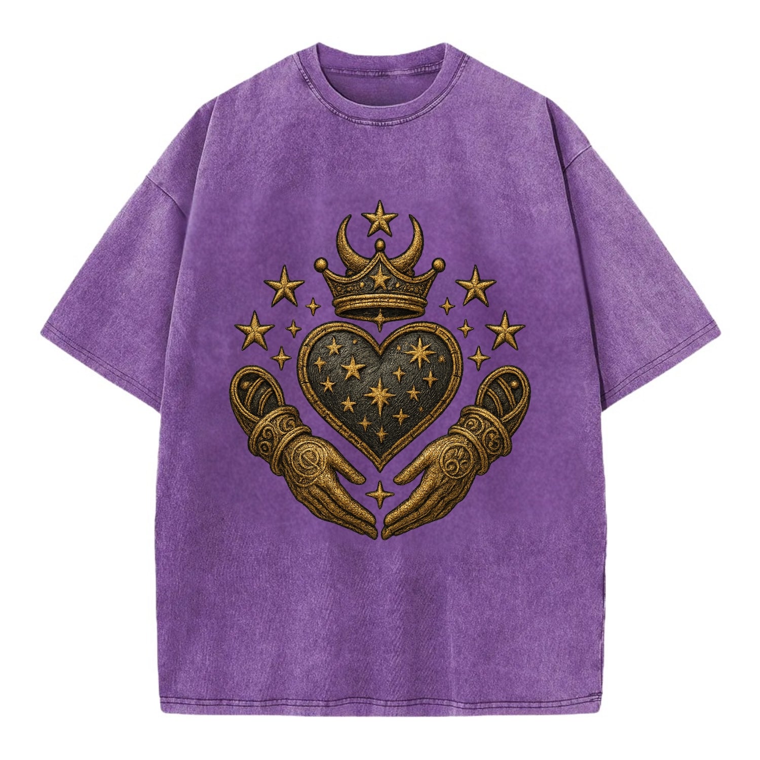 Weathered antique brass crown above a hammered gunmetal heart framed by ivy-woven - Vintage T-shirt - Purple