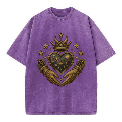 Weathered antique brass crown above a hammered gunmetal heart framed by ivy-woven - Vintage T-shirt - Purple