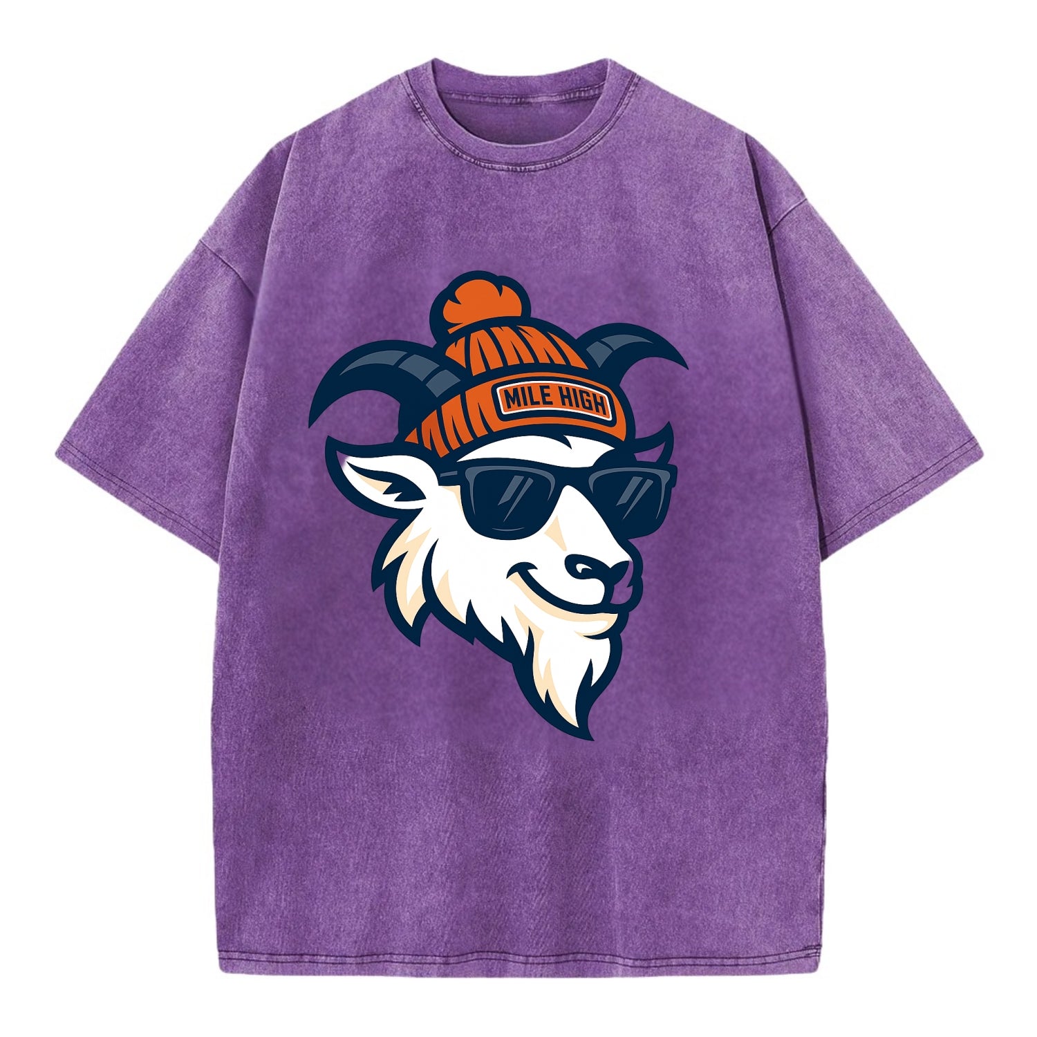 Denver Mountain Goat wearing Broncos beanie with Mile High patch and wayfarer - Vintage T-shirt - Purple
