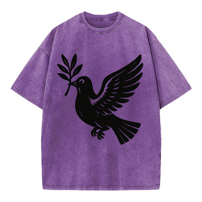 Dove carrying olive branch - peace movement ink painting - Vintage T-shirt - Purple