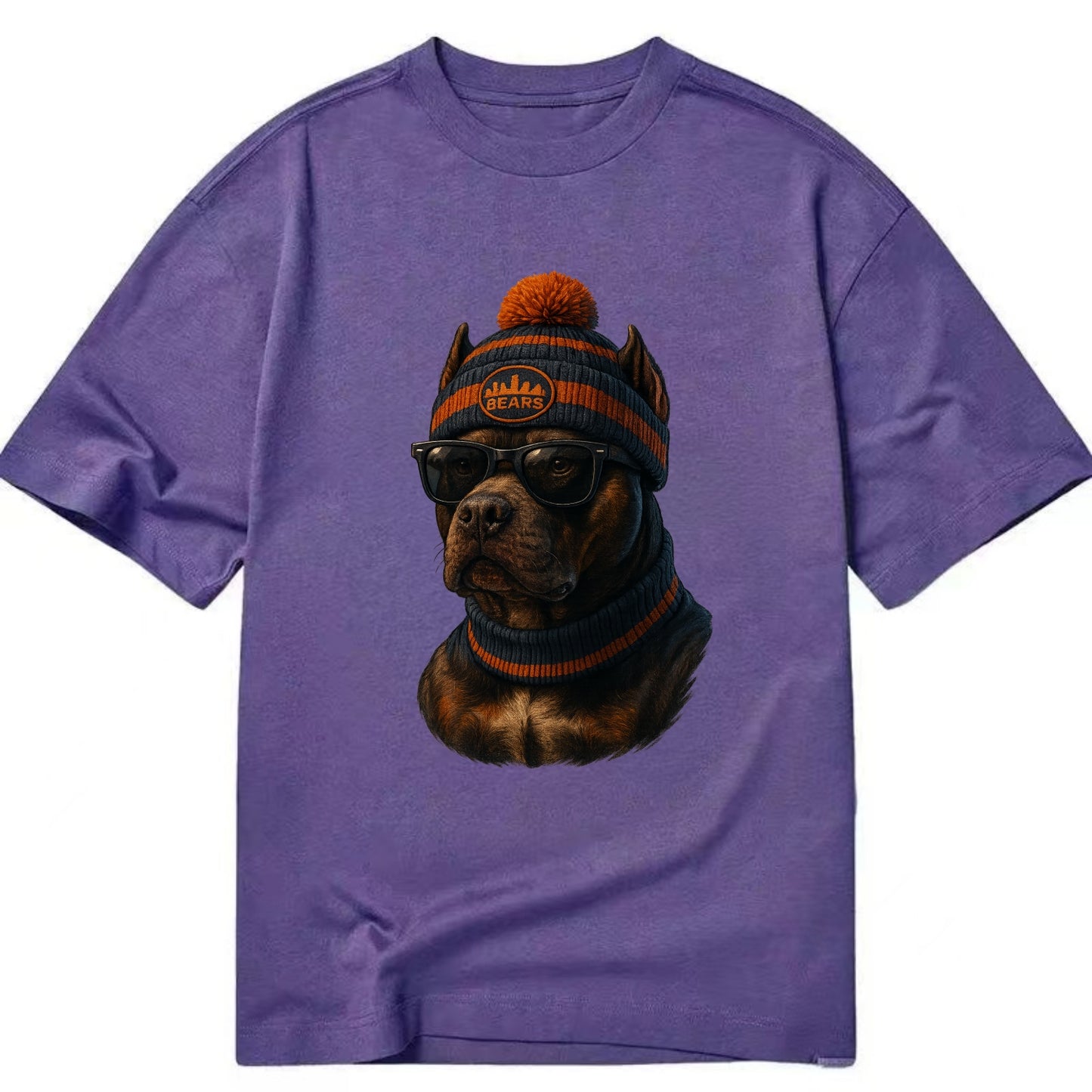 Chicago Pitbull wearing Bears beanie with skyline patch and wayfarer sunglasses - Classic T-shirt - Purple