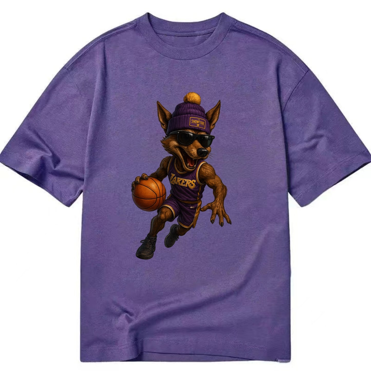 Hollywood Coyote wearing Lakers beanie with Showtime patch and wayfarer sunglasses - Classic T-shirt - Purple