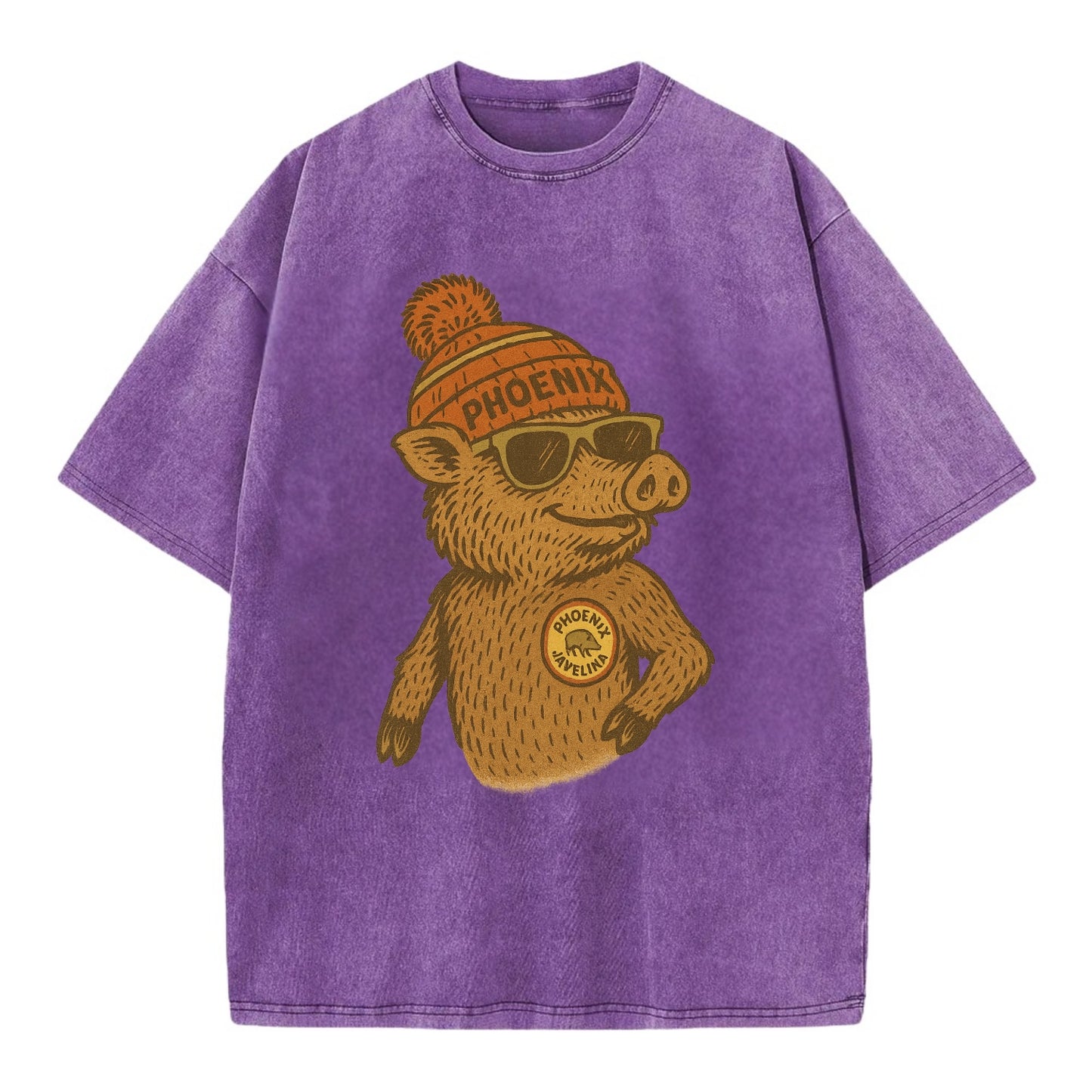 Phoenix Javelina wearing Phoenix beanie with pom pom and wayfarer sunglasses - Vintage T-shirt - Purple