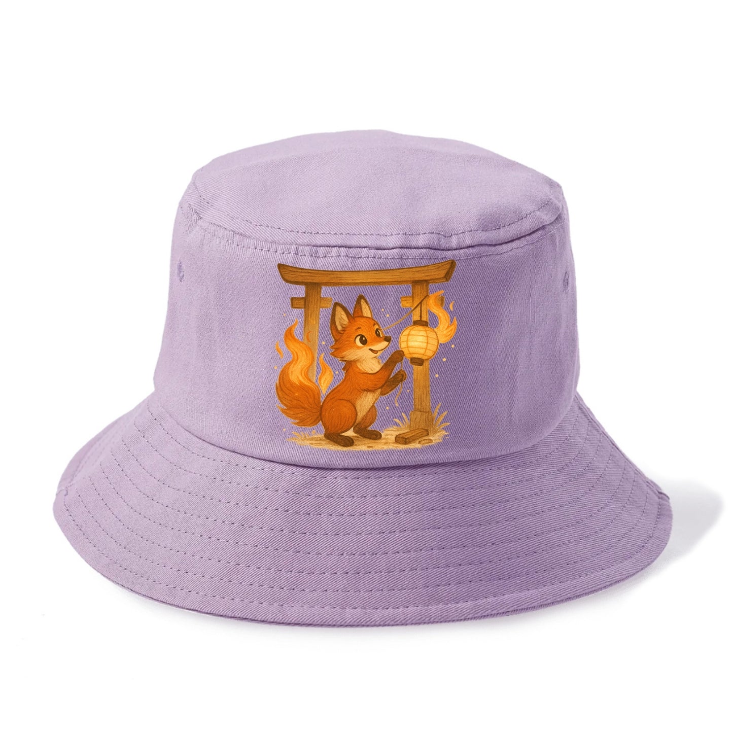 Foxfire kitsune stringing lanterns along a torii gate with tails of living flame - Bucket Hat - Purple