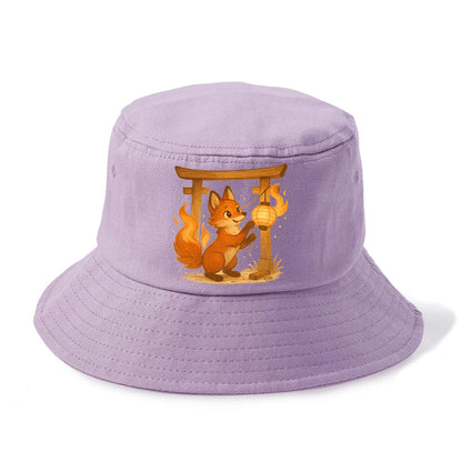 Foxfire kitsune stringing lanterns along a torii gate with tails of living flame - Bucket Hat - Purple
