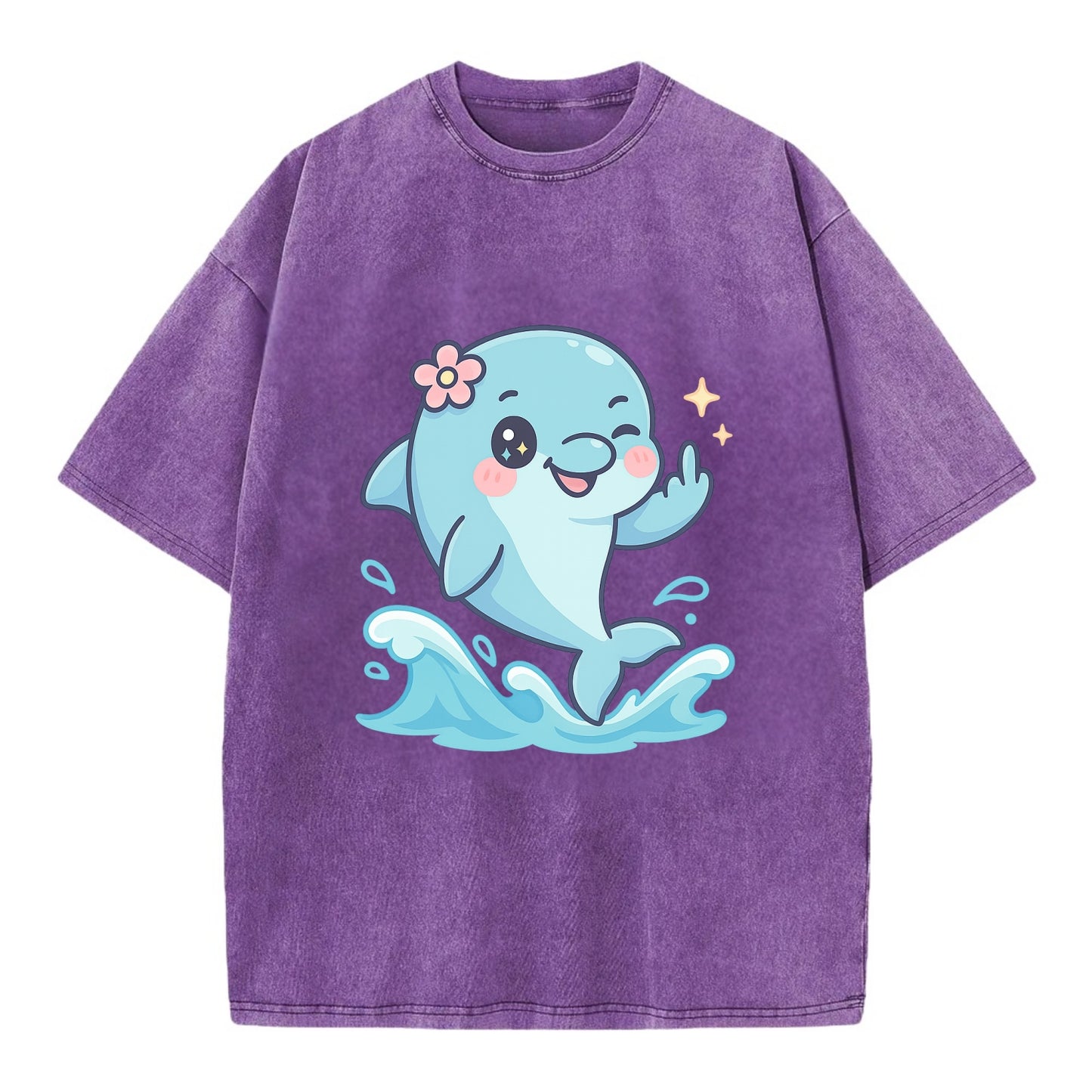 smiling dolphin jumping through ocean waves, one fin up with attitude - Vintage T-shirt - Purple